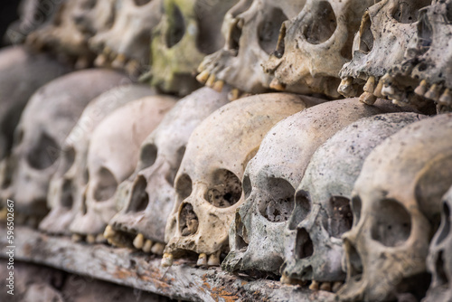 human skulls are exposed at londa graveyard, indonesia