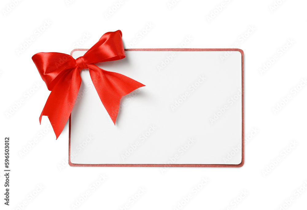 Blank gift card with red bow isolated on white, top view Blank gift card with red bow isolated on white, top view