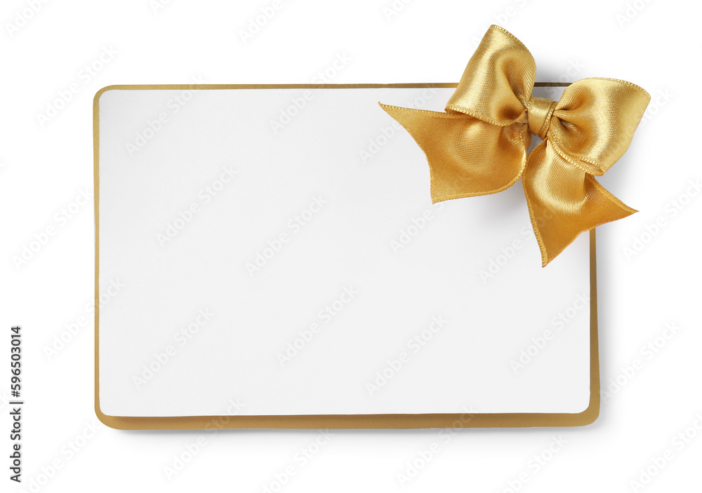 Blank gift card with golden bow isolated on white, top view Blank gift card with golden bow isolated on white, top view