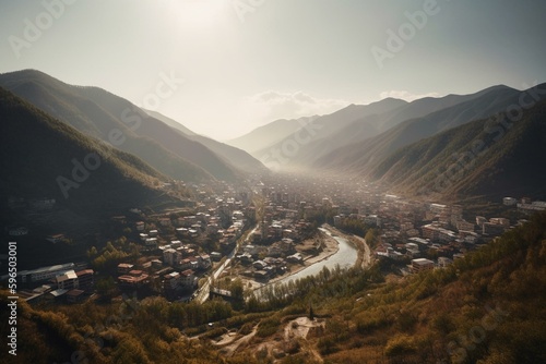 A wide view of the mountainous town. Generative AI