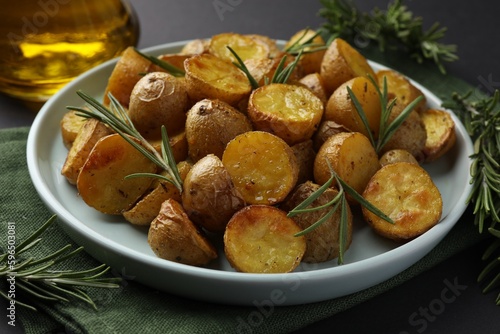 Delicious baked potatoes with rosemary on plate, closeup