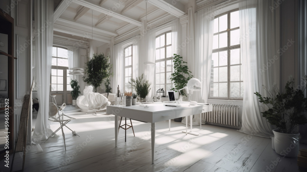 Obraz premium Bringing the Outdoors In: A Refreshing and Serene White Office Space with Lush Green Plants