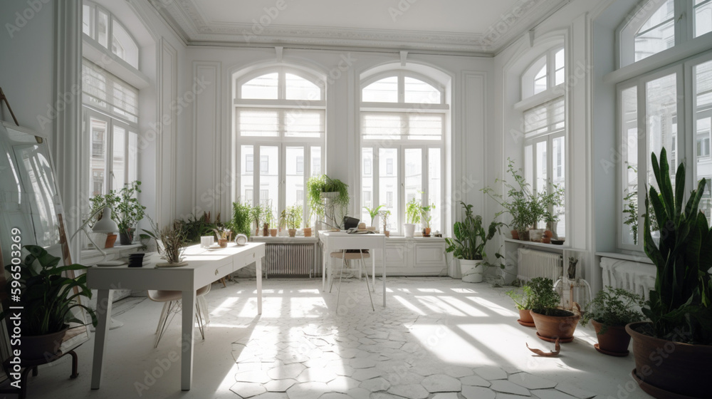 Bringing the Outdoors In: A Refreshing and Serene White Office Space with Lush Green Plants Bringing the Outdoors In: A Refreshing and Serene White Office Space with Lush Green Plants