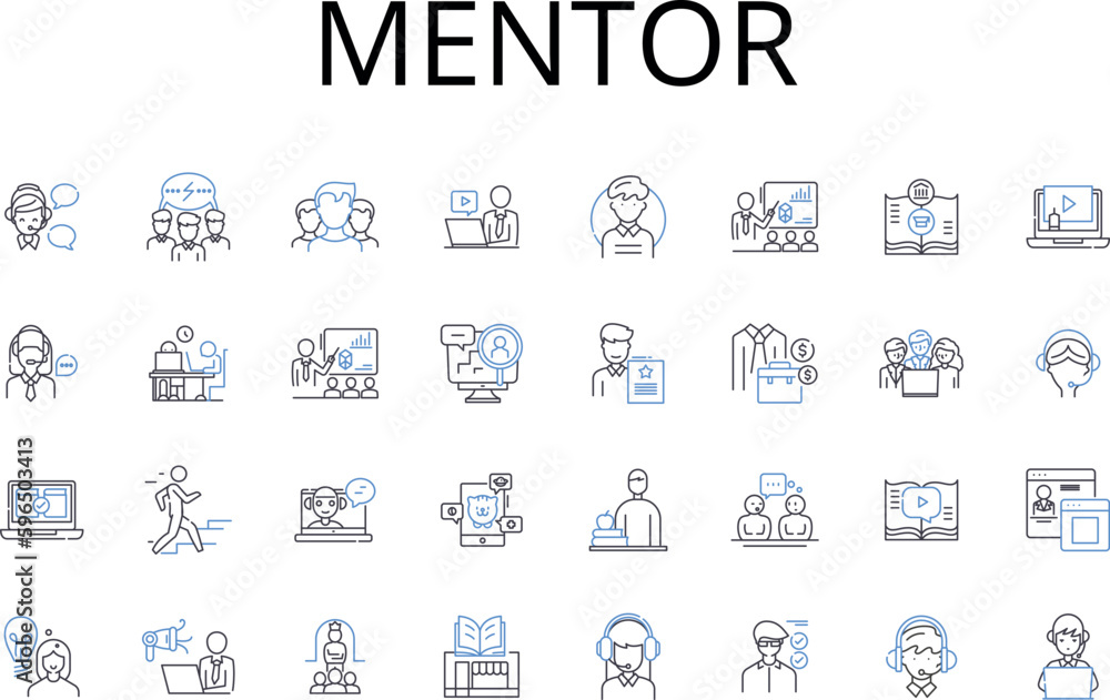 Mentor line icons collection. Coach, Guide, Advisor, Tutor, Counselor, Teacher, Instructor vector and linear illustration. Consultant,Helper,Trainer outline signs set Generative AI