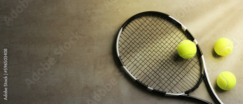 Tennis racket and balls on grey table, flat lay. Banner design with space for text © New Africa