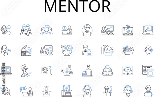 Mentor line icons collection. Coach, Guide, Advisor, Tutor, Counselor, Teacher, Instructor vector and linear illustration. Consultant,Helper,Trainer outline signs set Generative AI