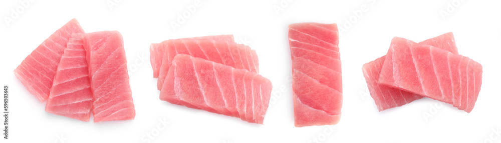 Collage with fresh tuna sashimi isolated on white, top view Collage with fresh tuna sashimi isolated on white, top view