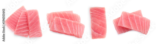 Collage with fresh tuna sashimi isolated on white, top view
