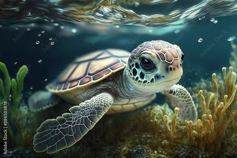 Obraz premium Realistic cute sea little turtle swimming in the underwater world. Generative AI
