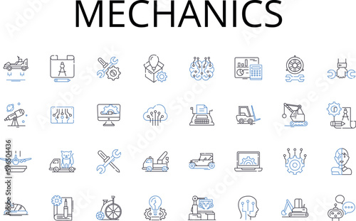 Mechanics line icons collection. Physics, Dynamics, Kinetics, Motion, Movement, Force, Energy vector and linear illustration. Work,Newton's laws,Gravitation outline signs set Generative AI