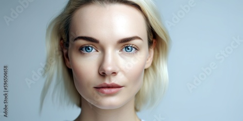 Close up portrait of young Caucasian blond blue eyed woman. Studio shot background. Generative AI