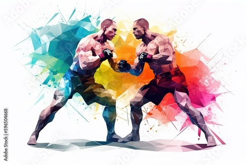 Colorful abstract illustration of two male MMA fighters over white background. Generative AI