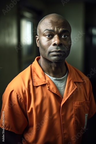 African American man in his 40s in prison wearing traditional orange jumpsuit and looking serious at camera. Generative AI vertical shot