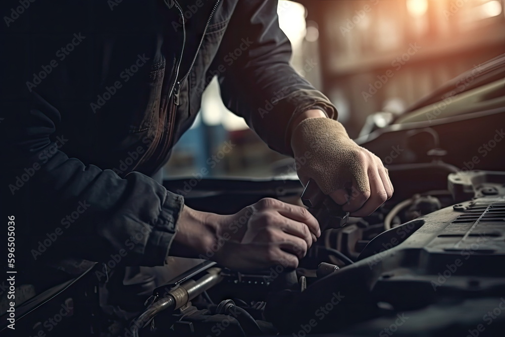 Car mechanic wearing gloves using wrench while working on car, Car auto services and maintenance check concept Car mechanic wearing gloves using wrench while working on car, Car auto services and maintenance check concept