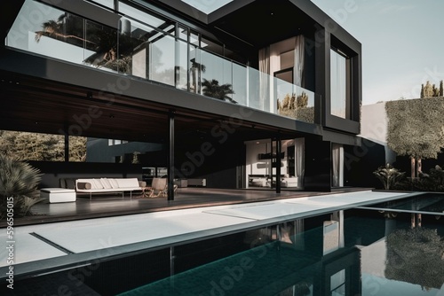 Sleek black home with lavish outdoor entertaining and pool. Generative AI © Delphine