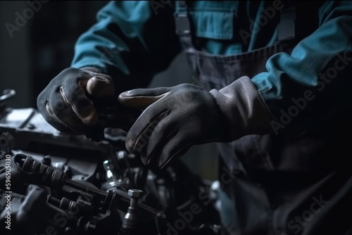 Car mechanic wearing gloves using wrench while working on car, Car auto services and maintenance check concept