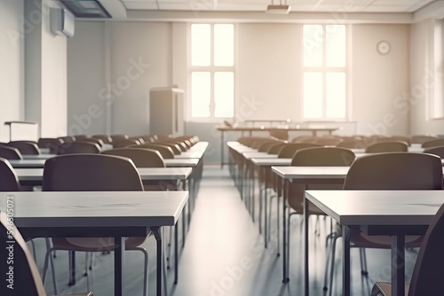 Empty classroom, Blurred school classroom without students with empty chairs and tables