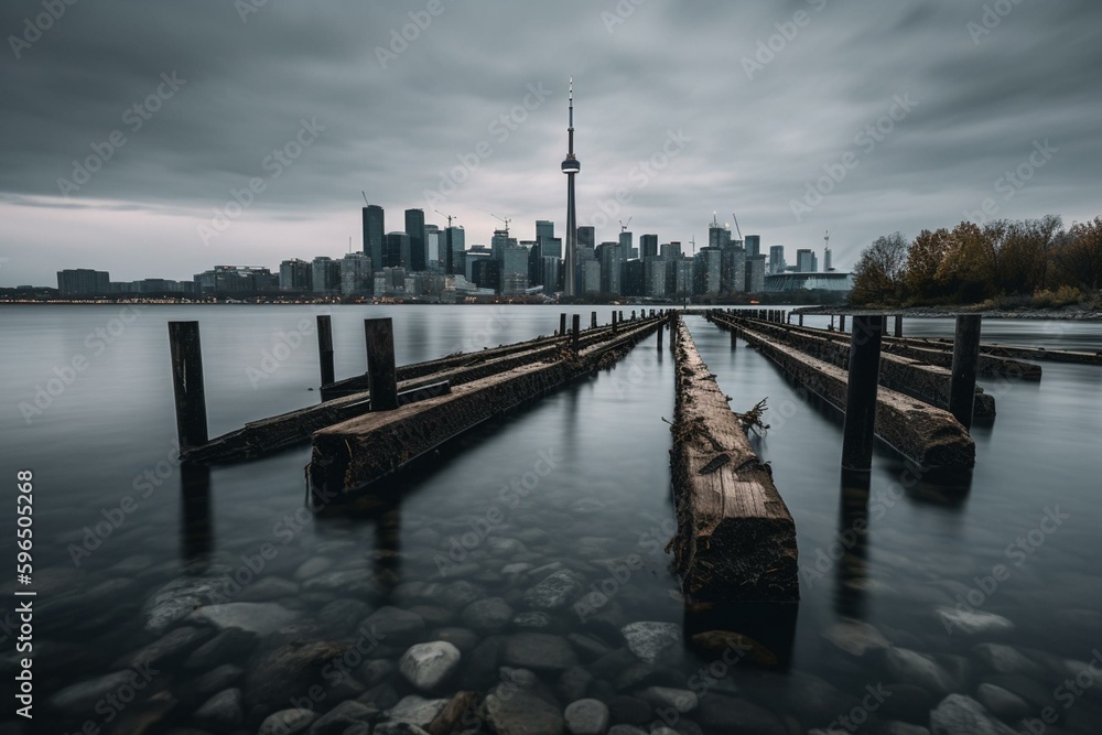 Time-lapse of Toronto's skyline, captured from Polson Pier across the bay. Generative AI