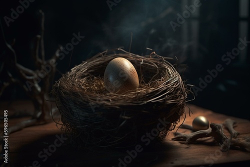 A gleaming egg cradled in a nest on a dark background. Generative AI