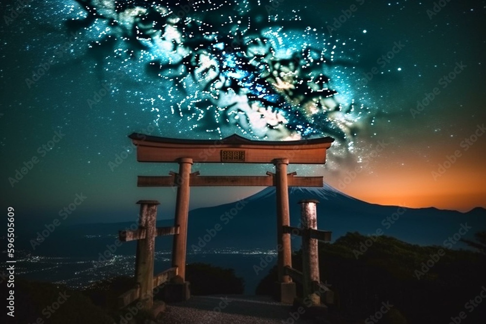 An image of a torii gate with Mount Fuji and the Milky Way in the background. Generative AI