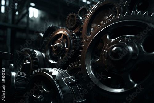 Black gears and cogs working under spotlight, industrial machinery. 3d rendered image in PNG format. Generative AI
