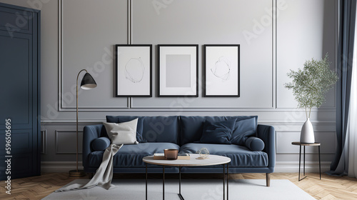 modern living room with a blue sofa and frames in the wall 