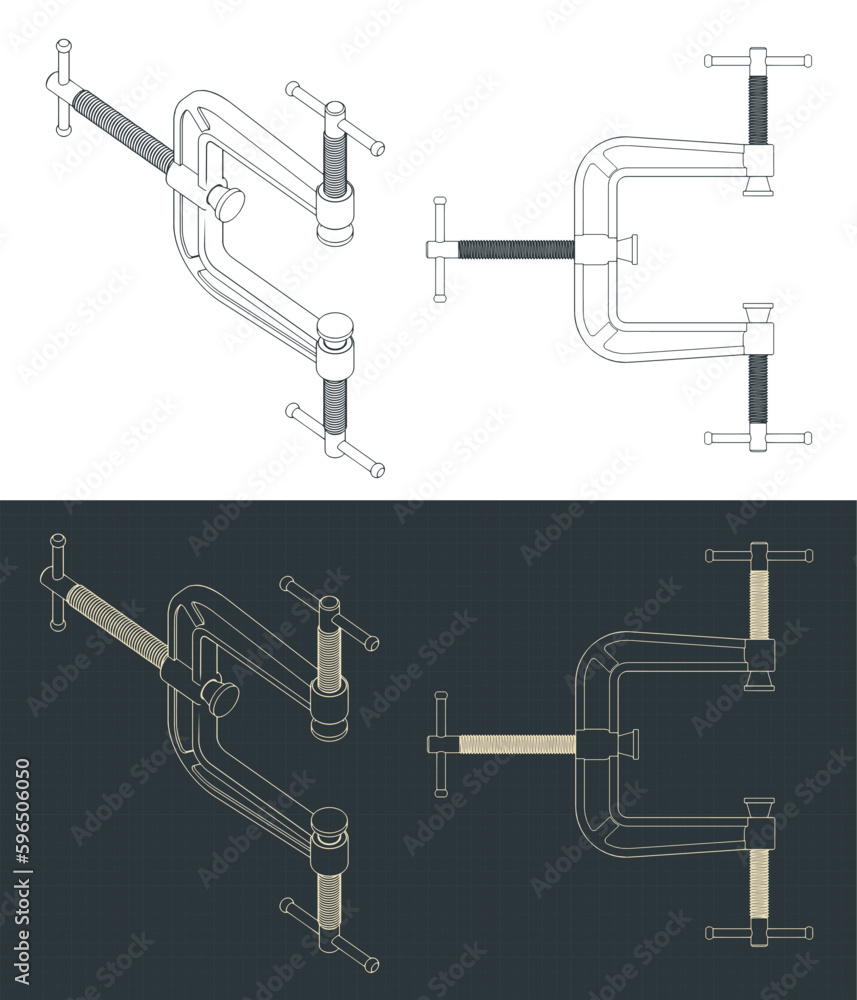 Three way C-clamp blueprints Stock Vector | Adobe Stock