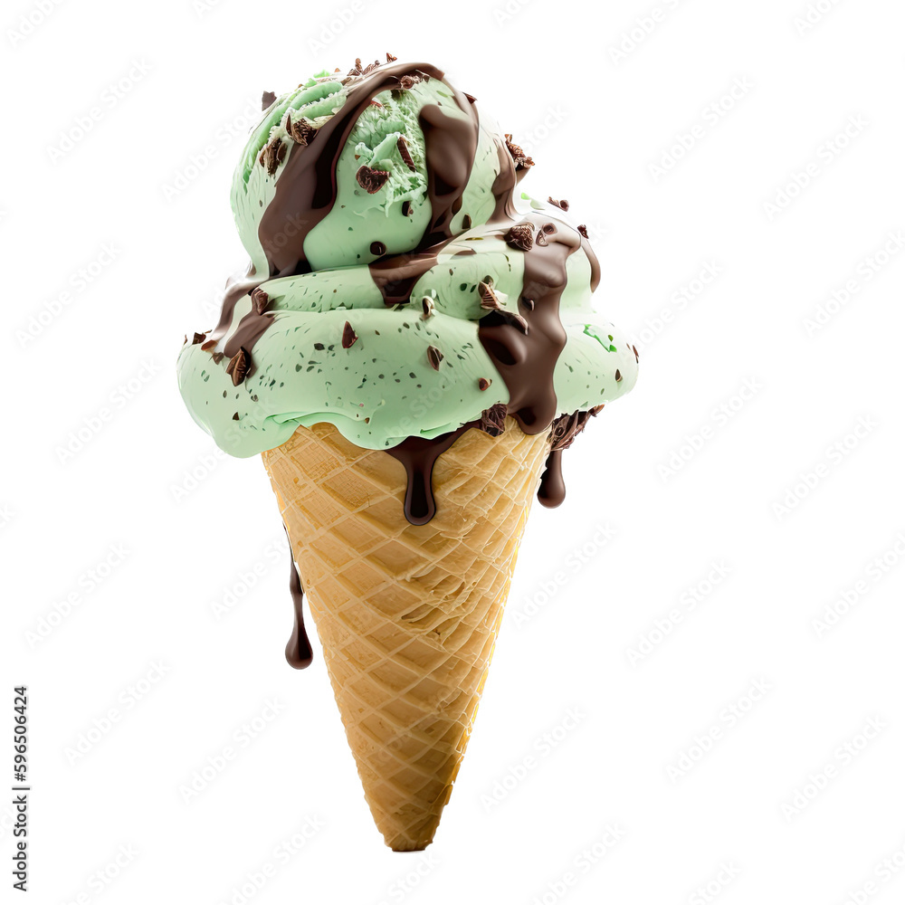 an isolated ice cream cone mint chocolate chip, summer-themed