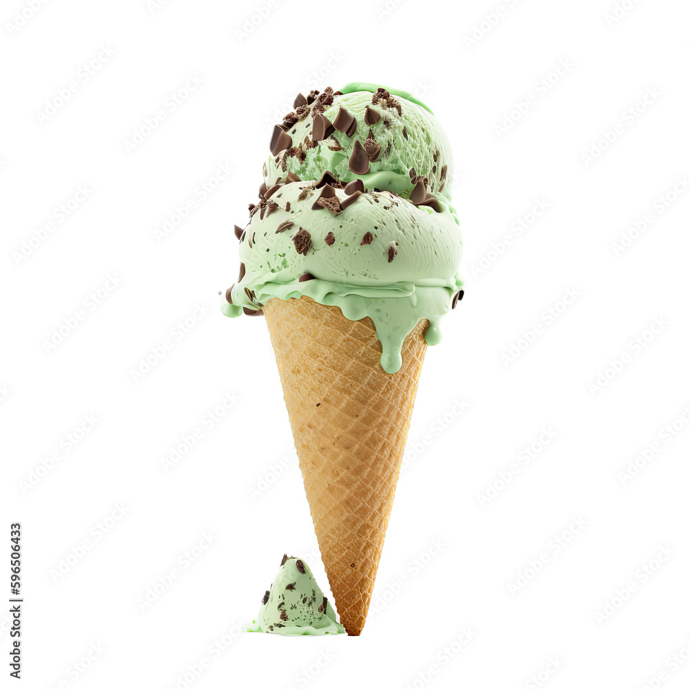 an isolated ice cream cone mint chocolate chip, summer-themed
