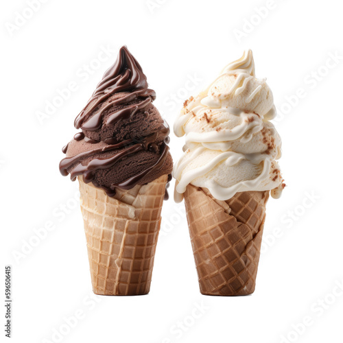 an isolated ice cream cone chocolate and vanilla, summer-themed photorealistic illustration on a transparent background cutout in PNG