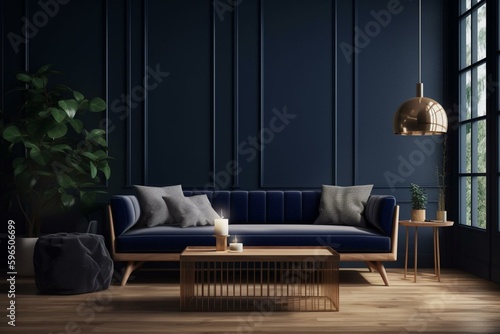 Contemporary wooden living room with a chic navy blue couch against a solid navy blue backdrop. Generative AI