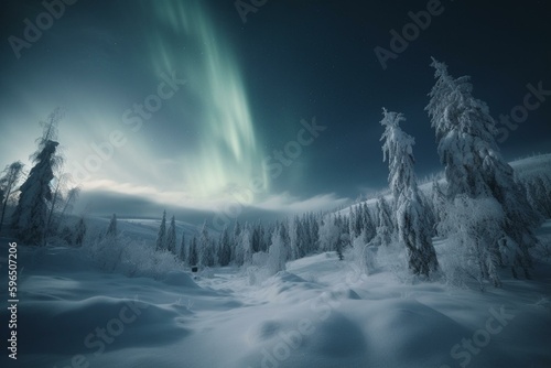 Winter landscape with aurora borealis and blue sky. Generative AI © Azeneth