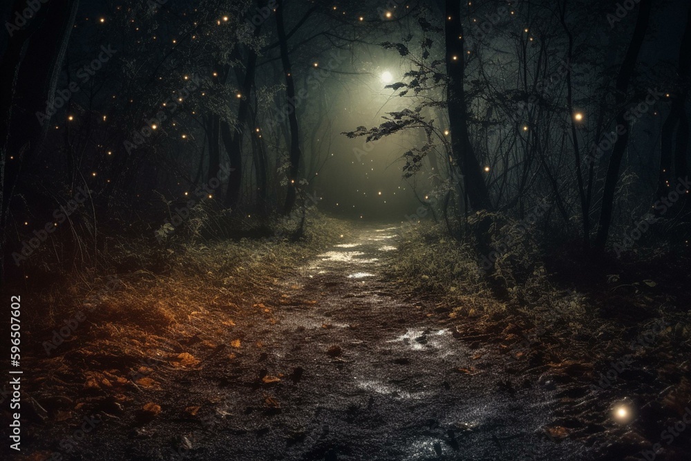 Dark forest path with eerie trees, fireflies and moon beams. Enchanting halloween landscape for a spooky walk. Generative AI