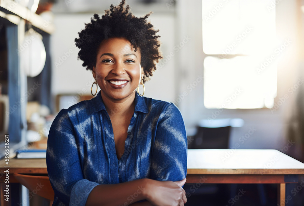 © Trinette Reed - Portrait of curvy Black small business woman owner at work in her art studio. Generative AI. © Trinette Reed - Portrait of curvy Black small business woman owner at work in her art studio. Generative AI.