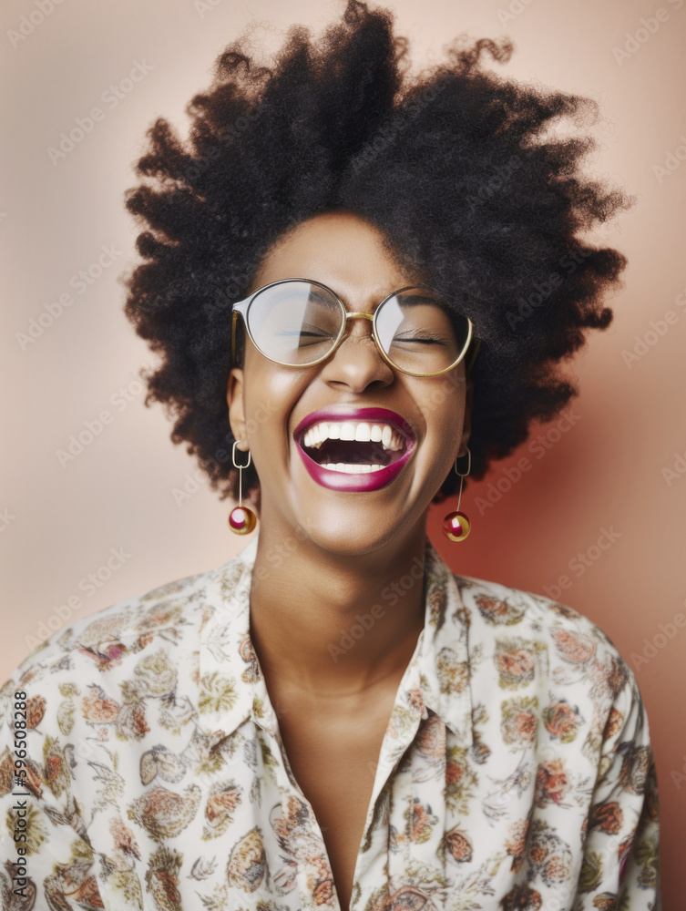 Portrait of stylish black woman laughing wearing glasses. Generative AI. Portrait of stylish black woman laughing wearing glasses. Generative AI.