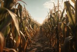 A detailed view of cornstalks in a farm field. Generative AI