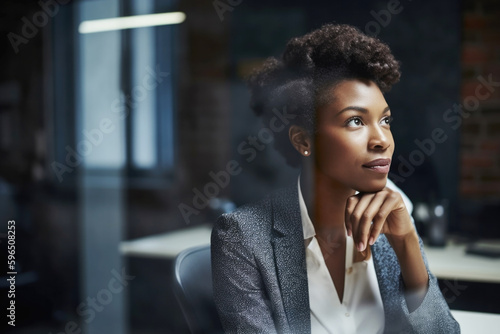 Portrait of black business woman at work in office daydreaming shot through glass window. Generative AI.