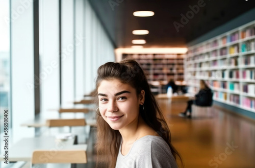 Portrait of Hispanic College student in college library. Generative AI.