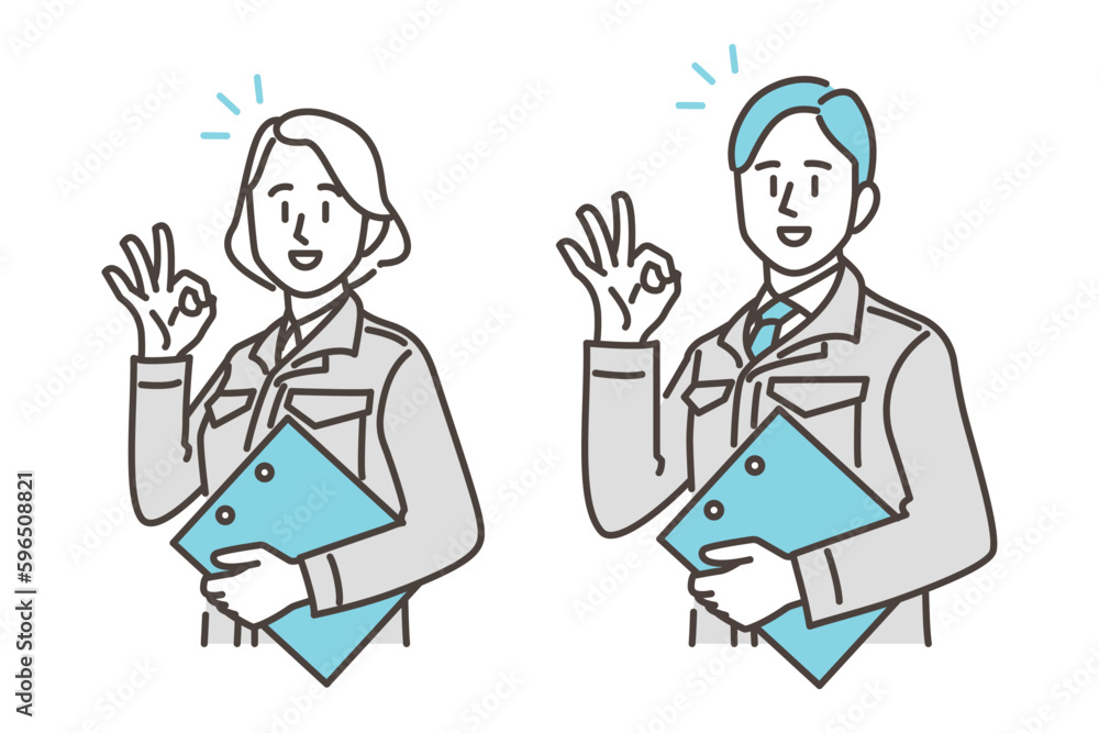 Male and female workers in work clothes gesturing OK [Vector illustration]