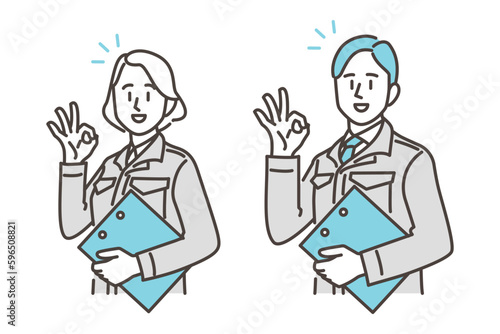 Male and female workers in work clothes gesturing OK [Vector illustration]