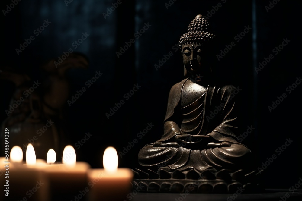 Buddha statue with candles in a dark background, generative AI