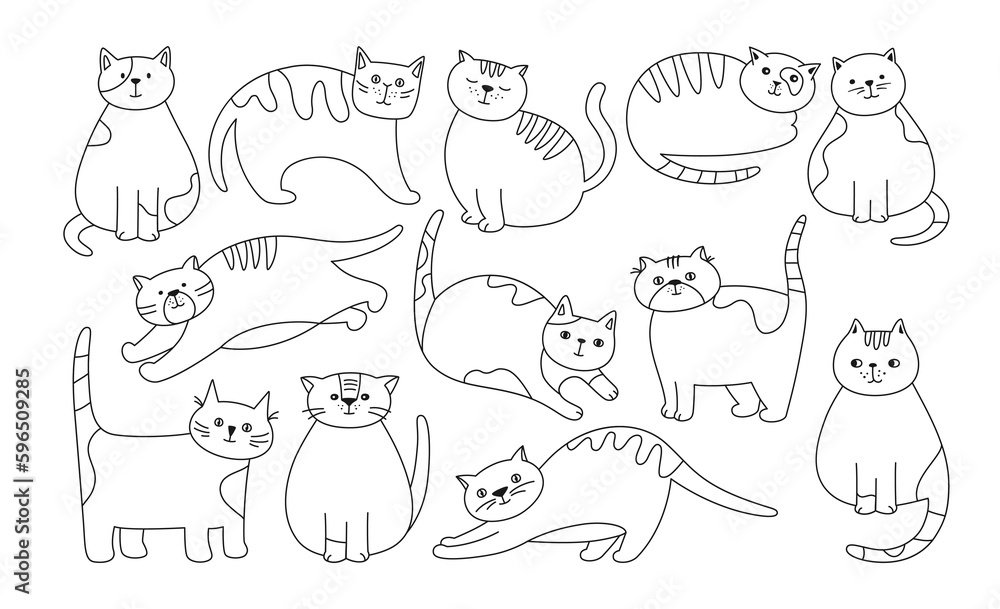 Cats cute doodle outline set. Kitty purebred with different poses and emotions cartoon linear collection. Sketch drawn cats sleeping, stretching and playing. Kitten characters pet animals isolated