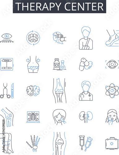 Therapy center line icons collection. Health clinic, Wellness spa, Treatment hub, Healing center, Recovery house, Rehabilitation facility, Fitness studio vector and linear illustration. Generative AI