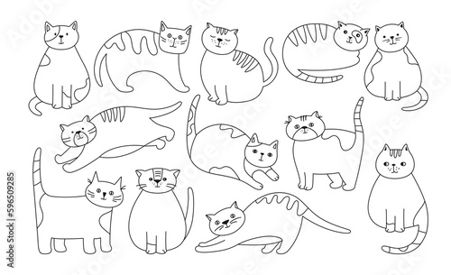 Cats cute doodle outline set. Kitty purebred with different poses and emotions cartoon linear collection. Sketch drawn cats sleeping  stretching and playing. Kitten characters pet animals isolated