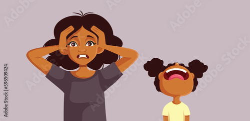 Desperate Mom Exasperated by Child Screaming at her Vector Cartoon. Stressed mother feeling exasperated by her kid yelling
