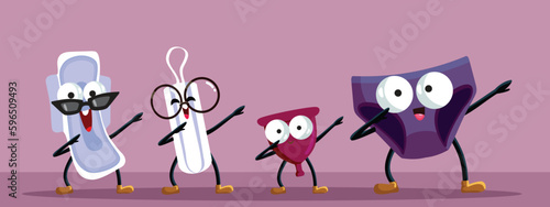 Period Hygiene Products Dancing and Dabbing Vector Cartoon Style Illustration. Pad, tampon, menstrual cup and panties celebrating carefree 
