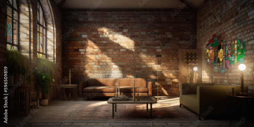 Mockup basement interior with stained glass windows. Аi generation Mockup basement interior with stained glass windows. Аi generation