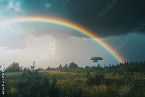 Stunning scenery  rainbow and UFOs in air. Generative AI