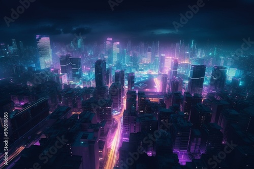 Glowing neon cyber city. Abstract ULTRAVIOLET background. Generative AI