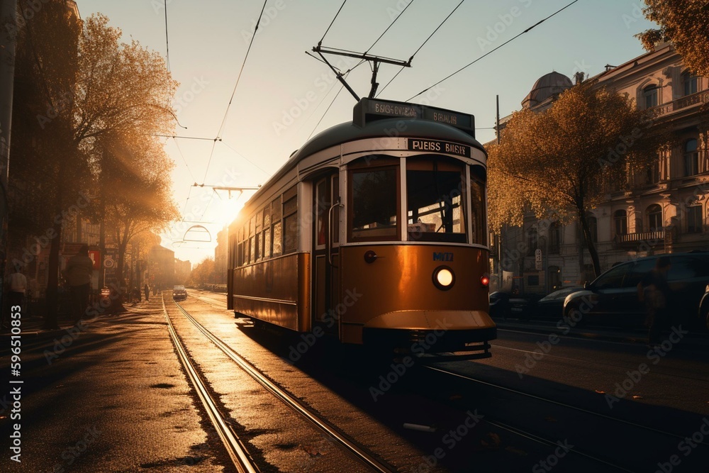 Evening sun shines on tram in urban setting. Generative AI